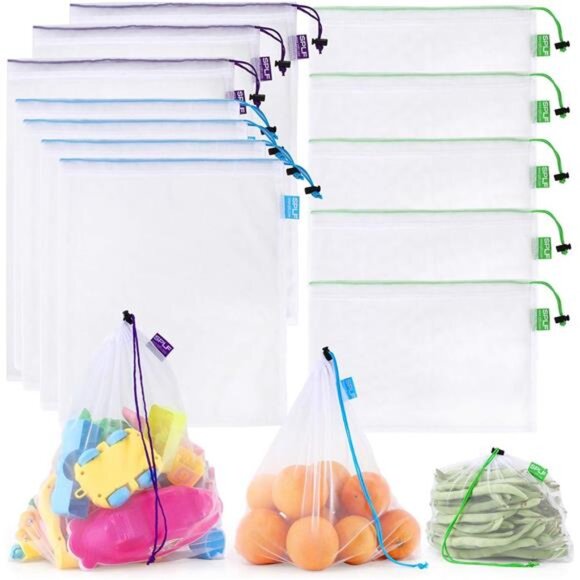 12 Pcs Heavy Duty Reusable Mesh Produce Bags, Barcode Scanable See Through Bags - Picture 1 of 8